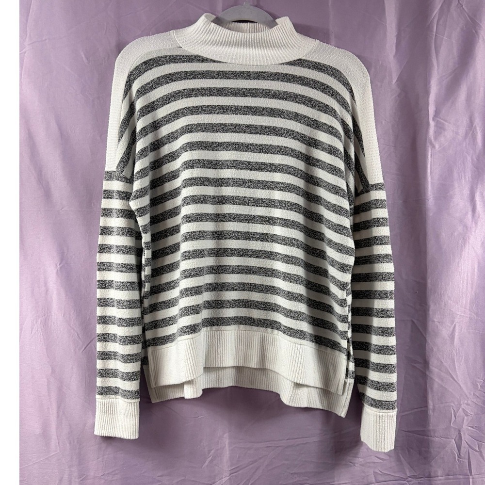 Lucky Brand Womens XS Striped Mock Neck Sweater Gray Ivory Drop Shoulder Knit